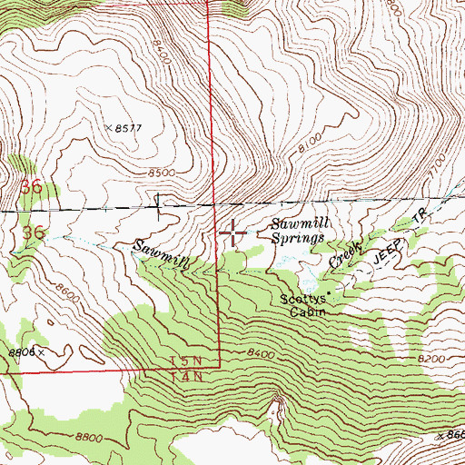 Topographic Map of Sawmill Springs, NV