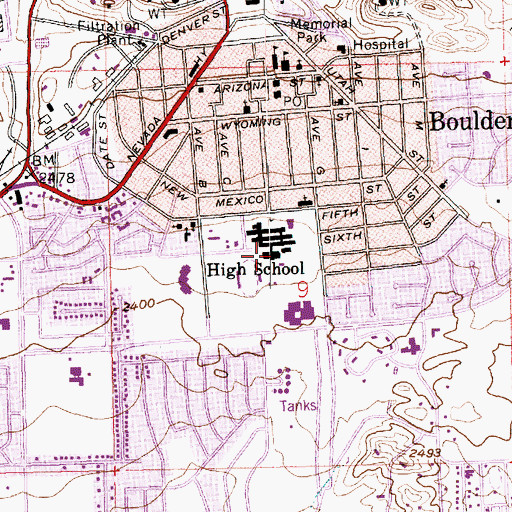 Topographic Map of Boulder City High School, NV