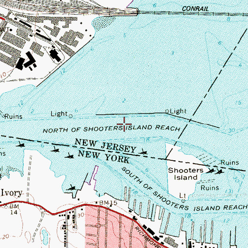 Topographic Map of North of Shooters Island Reach, NJ