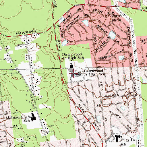Topographic Map of Dawnwood Middle School, NY