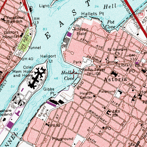 Topographic Map of Hallets Cove, NY