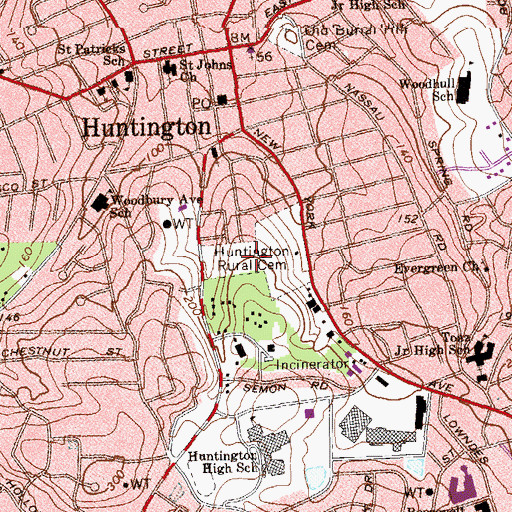 Topographic Map of Huntington Rural Cemetery, NY