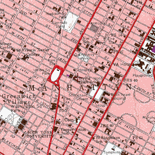Topographic Map of Washington Irving High School, NY