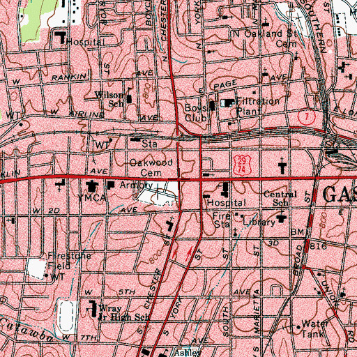 Topographic Map of Gastonia, NC