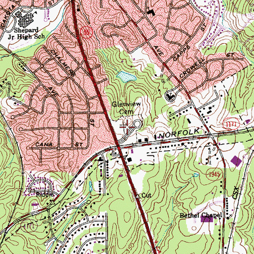 Topographic Map of Glenview Memorial Park, NC