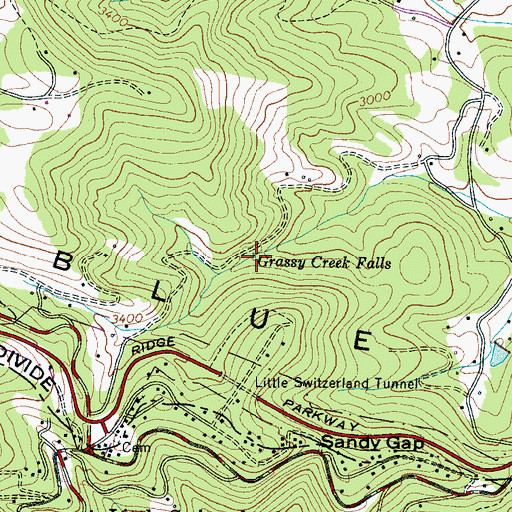 Topographic Map of Grassy Creek Falls, NC
