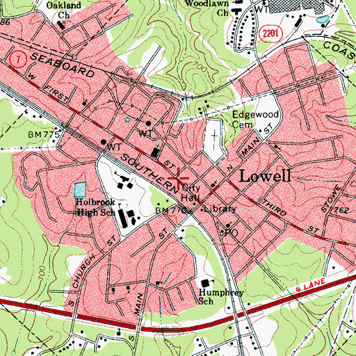 Topographic Map of Lowell, NC