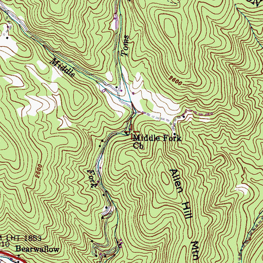 Topographic Map of Middle Fork Church, NC