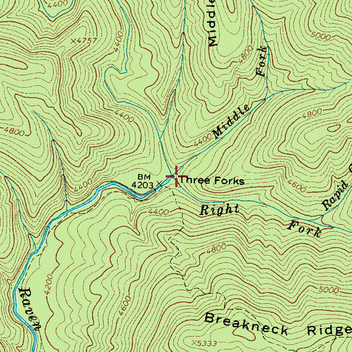 Topographic Map of Middle Fork Raven Fork, NC