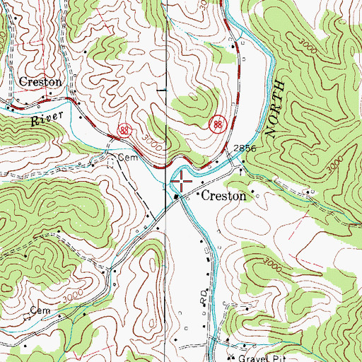 Topographic Map of Three Top Creek, NC