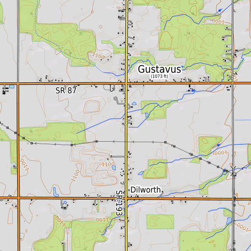 OpenTopoMap map of Gustavus Center Historic District, OH