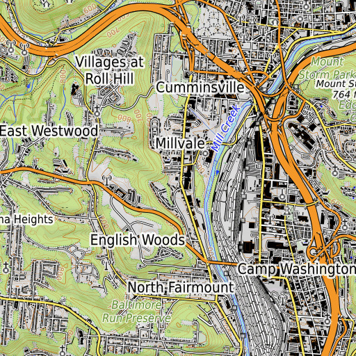 OpenTopoMap map of Millvale Elementary School, OH