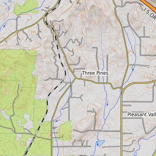 OpenTopoMap map of Three Pines, OR