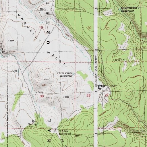 USGS 24K topo map of Three Pines Reservoir, OR