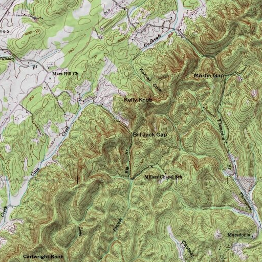 USGS 24K topo map of Bill Jack Gap, TN