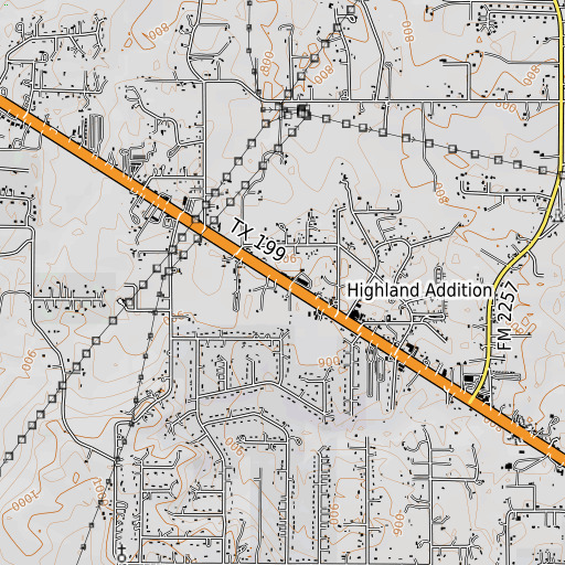 OpenTopoMap map of Highland Addition, TX