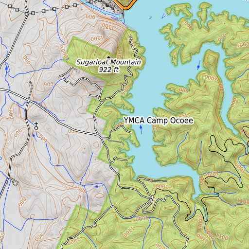 OpenTopoMap map of Camp Ocoee, TN