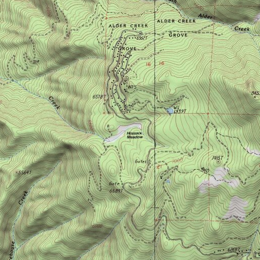 USGS 24K topo map of Hossack Meadow, CA