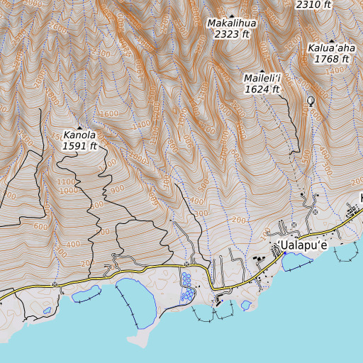 OpenTopoMap map of Pia Gulch, HI