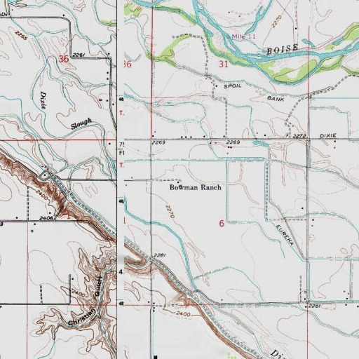 USGS 24K topo map of Bowman Ranch, ID