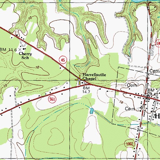 Topographic Map of Harrellsville Chapel, NC