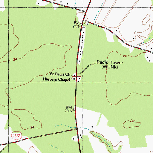 Topographic Map of Harpers Chapel, NC