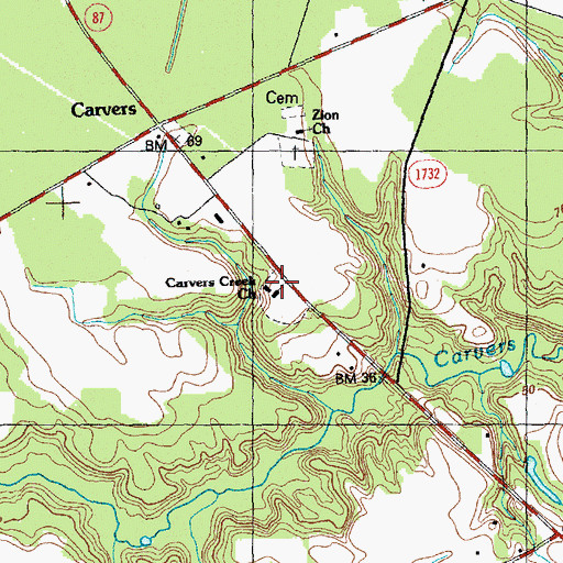 Topographic Map of Carvers Creek Church, NC
