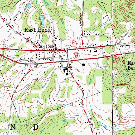Topographic Map of East Bend Elementary School, NC