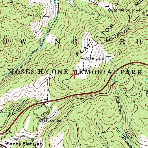 Topographic Map of Moses H Cone Memorial Park, NC
