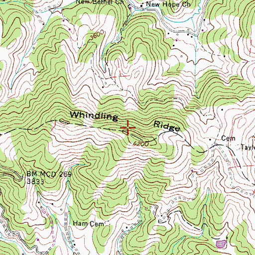 Topographic Map of Whindling Ridge, NC