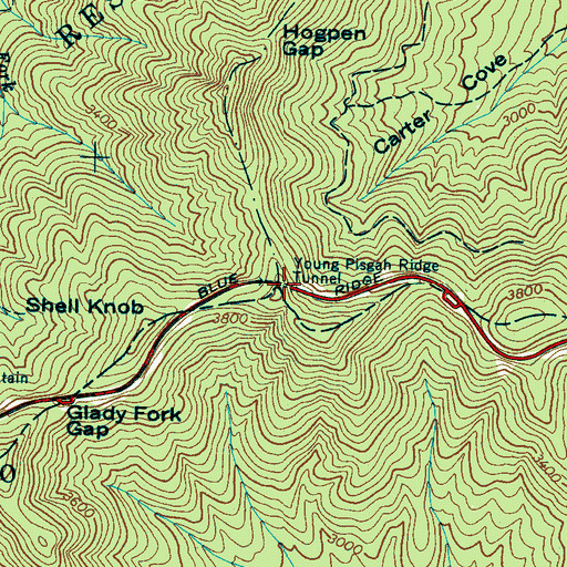 Topographic Map of Young Pisgah Ridge Tunnel, NC