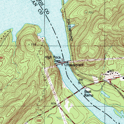 Topographic Map of High Rock Lake Dam, NC