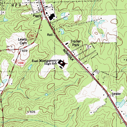 Topographic Map of East Montgomery High School, NC