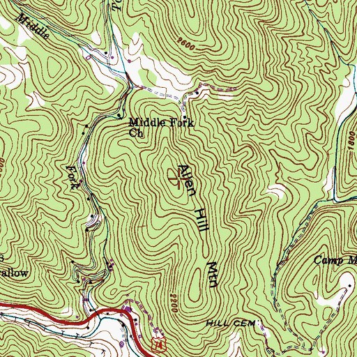 Topographic Map of Allen Hill Mountain, NC