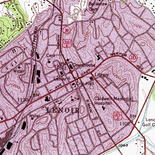 Topographic Map of Lenoir, NC