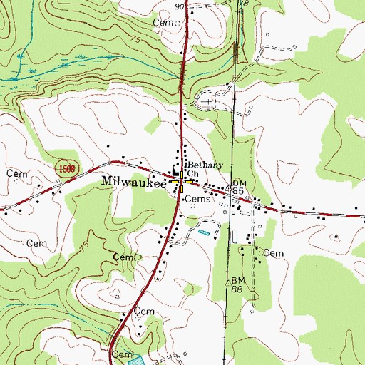 Topographic Map of Milwaukee, NC