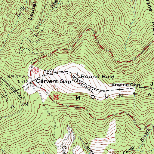 Topographic Map of Round Bald, NC