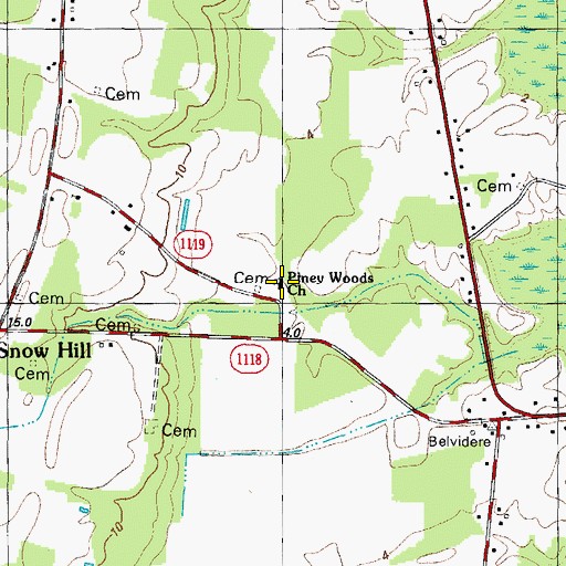 Topographic Map of Piney Woods Church, NC