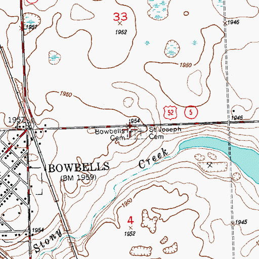 Topographic Map of Bowbells Cemetery, ND