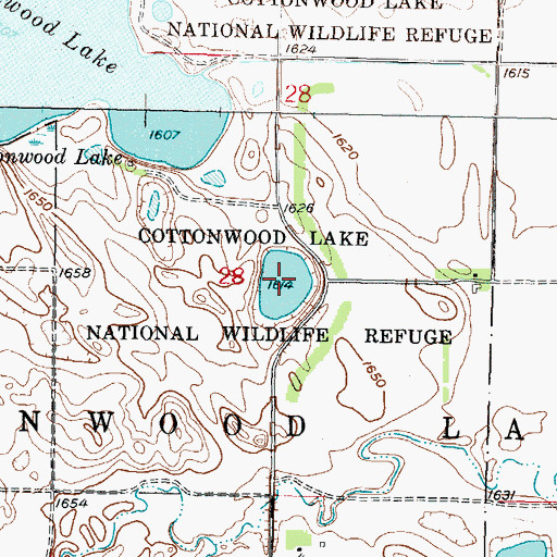 Topographic Map of Cottonwood Lake National Wildlife Refuge, ND