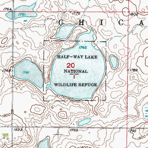 Topographic Map of Half-Way Lake National Wildlife Refuge, ND