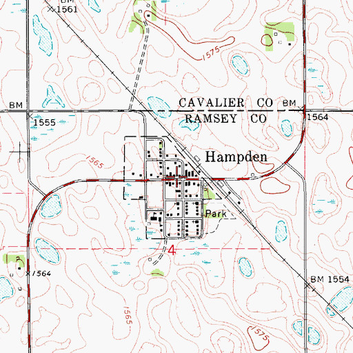 Topographic Map of Hampden, ND