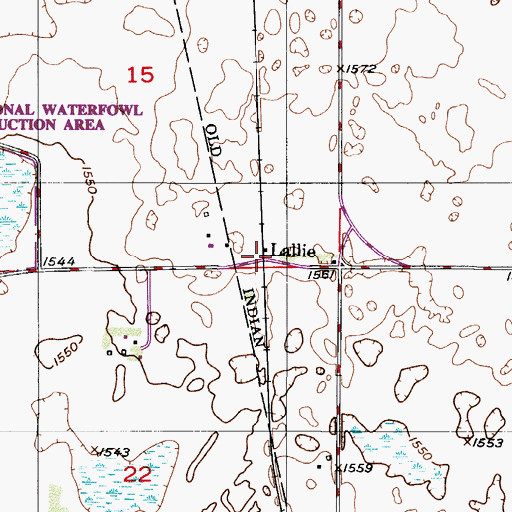 Topographic Map of Lallie, ND