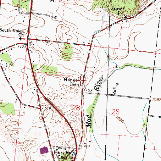 Topographic Map of Hanger Cemetery, OH