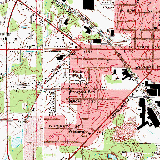 Topographic Map of Kelley Park, OH