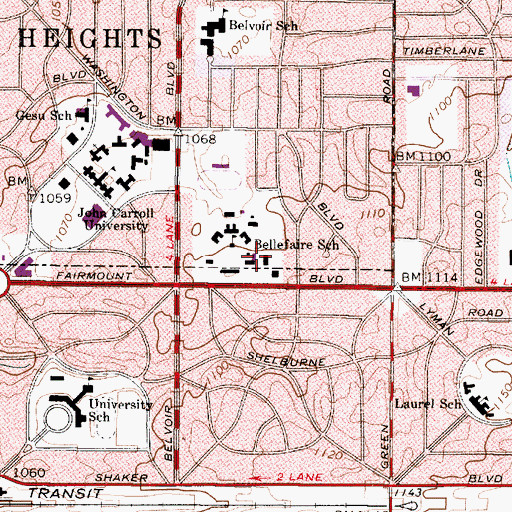 Topographic Map of Bellefaire School, OH