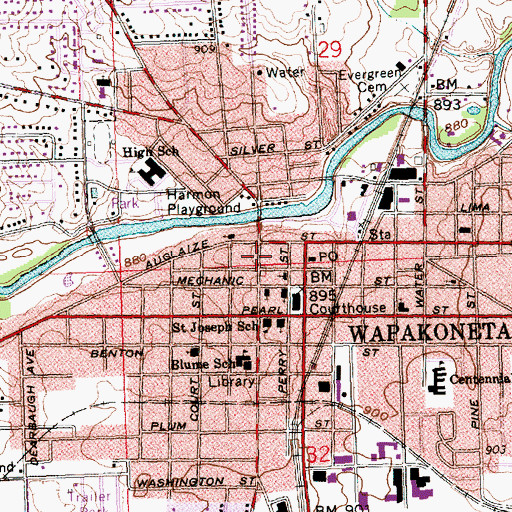 Topographic Map of First Presbyterian Church of Wapakoneta, OH