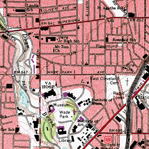 Topographic Map of Magnolia-Wade Park Historic District, OH