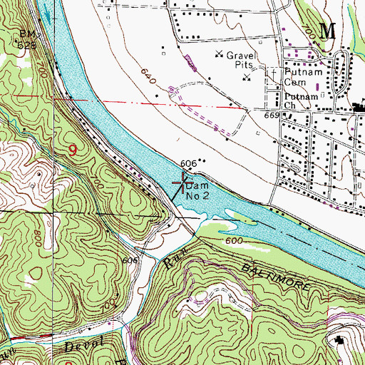 Topographic Map of Muskingum River Lock and Dam Number Two, OH