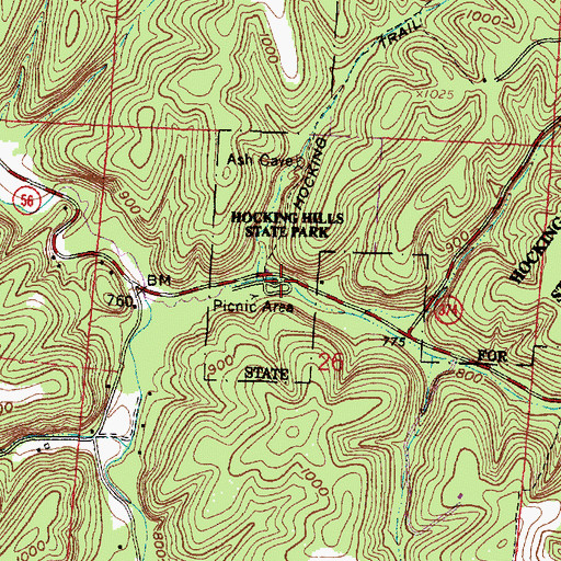 Topographic Map of Ash Cave Recreation Area, OH